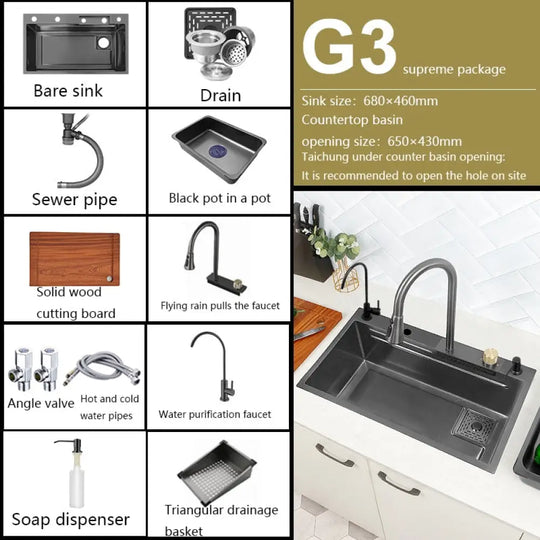 New Black Nano Kitchen Sink 304 Stainless Steel Waterfall Basin Large Single Slot With Faucet For