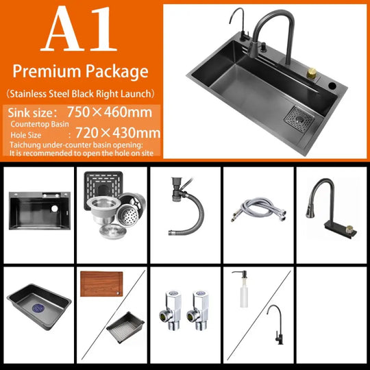 New Black Nanometer 304 Stainless Steel Waterfall Kitchen Sink 3Mm Thickness Large Single Slot