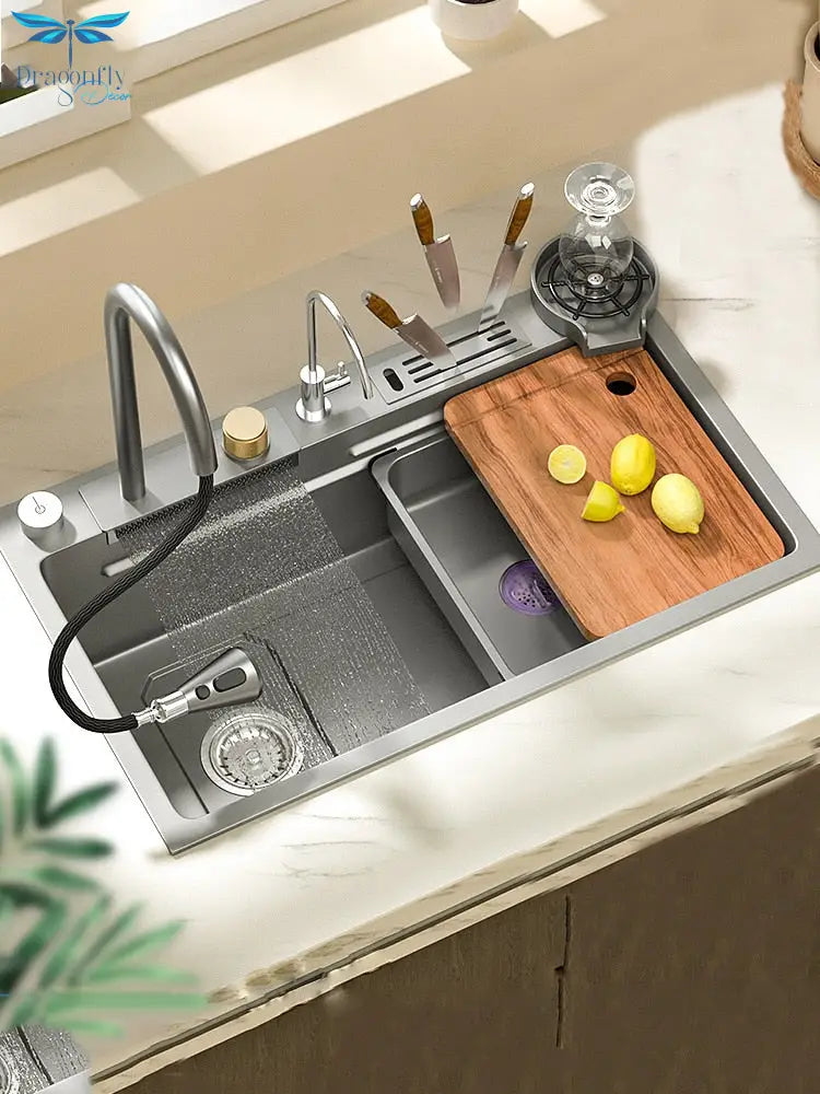 New Grey Nano 304 Stainless Steel Kitchen Sink Waterfall Basin Large Single Slot With Faucet For
