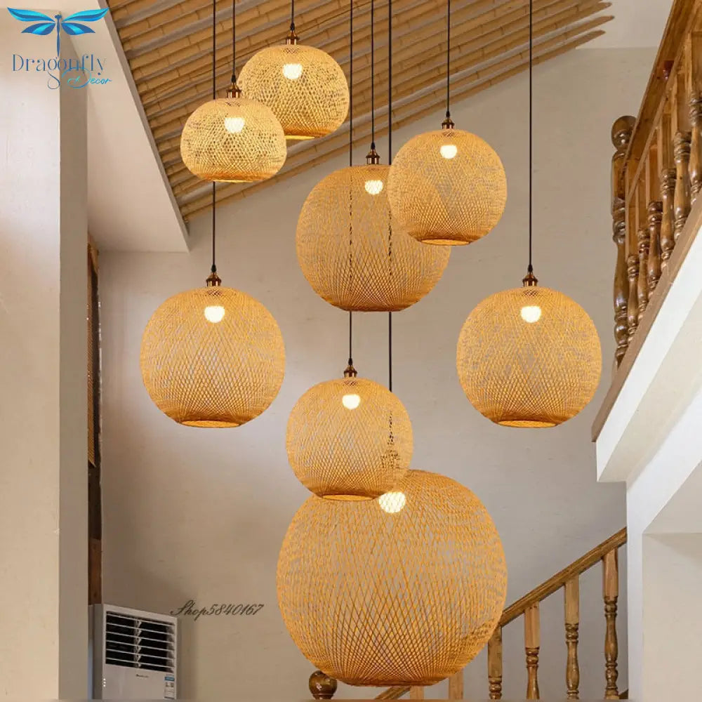 New Round Ball Bamboo Pendant Lights Vintage Kitchen Light Fixtures Minimalist Home Lighting Dining