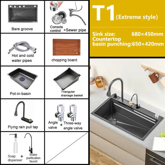 New Waterfall Sink Stainless Steel Kitchen Large Single Household Washbasin Embossed Honeycomb