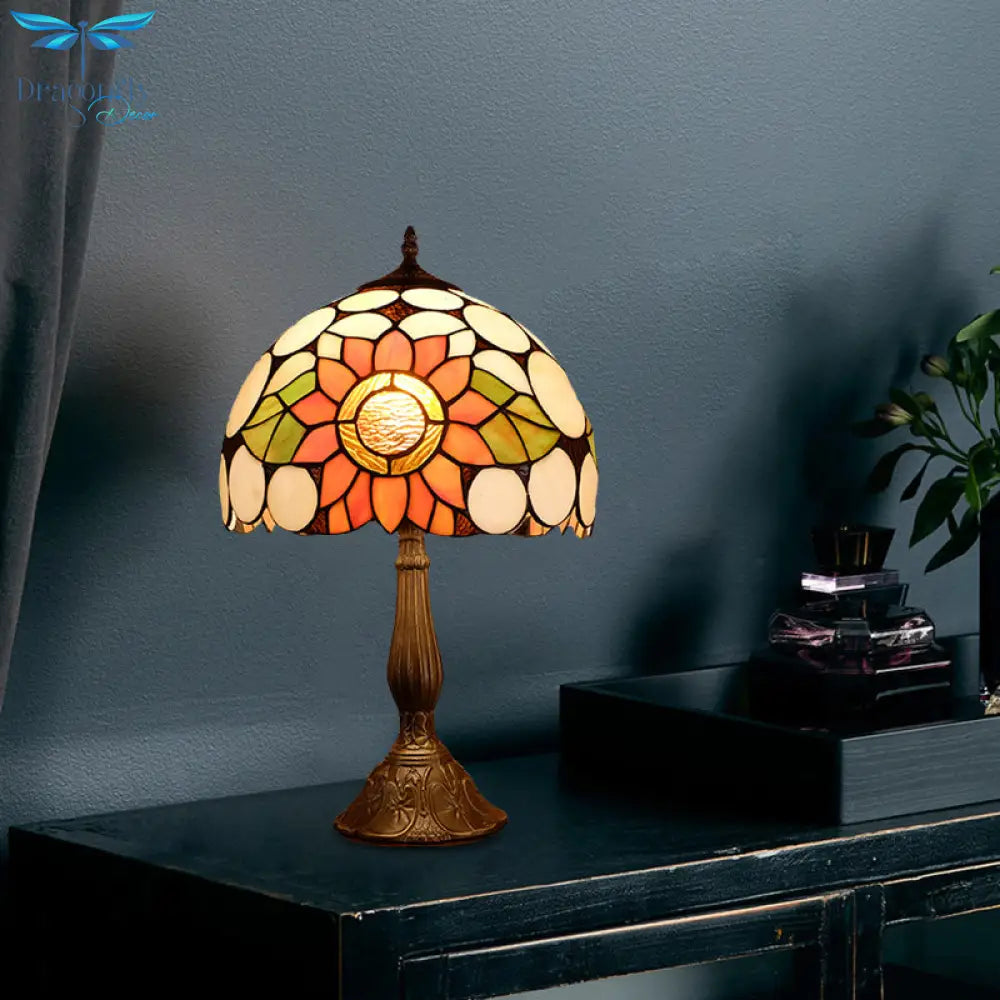 Nicole - Hand Cut Glass Domed Shade Nightstand Lamp Bronze Sunflower Pattern