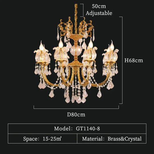 Noble - Luxury French Brass Pendant Lamp Gold Chandelier Candle For Antique Decor 8Lights D80 H68Cm