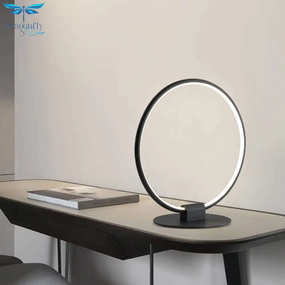 Nora - Modern Annular Metal Table Lamp Modernism Led Black Night Lighting With Slim Round Pedestal