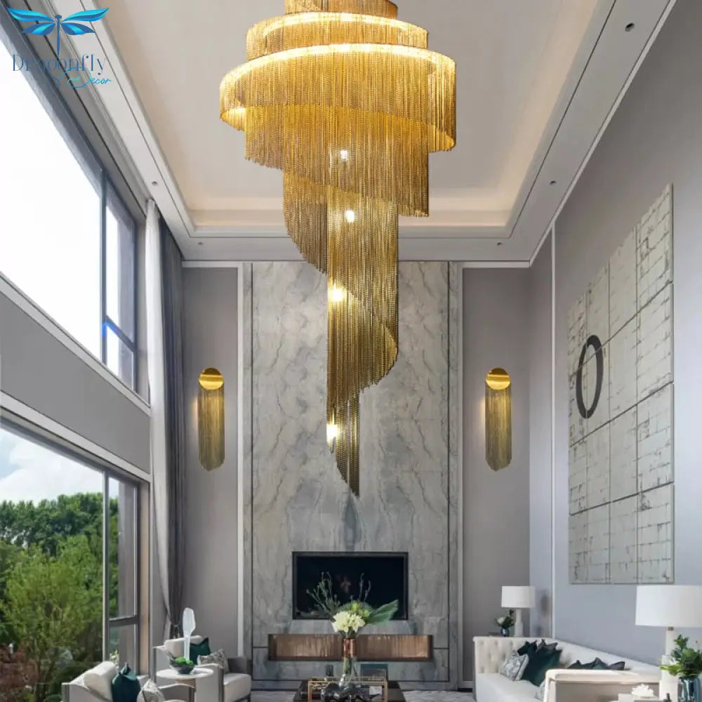 Nordic Duplex Building Staircase Lamp Long Chandelier Hollow Aluminum Chain Tassel For Villa Luxury