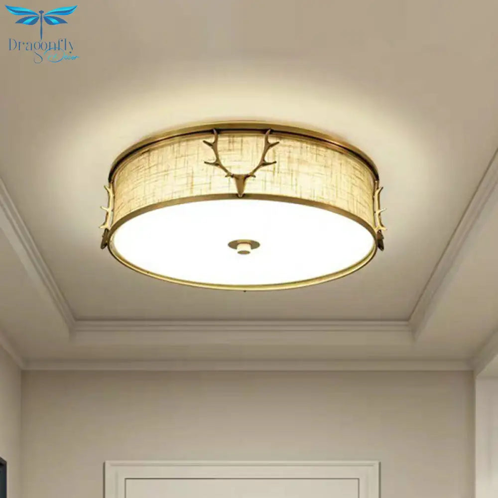 Nordic Foyer Charm: Fabric Drum Flush Mount Ceiling Light With Decorative Antler Accents