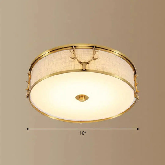 Nordic Foyer Charm: Fabric Drum Flush Mount Ceiling Light With Decorative Antler Accents Brass / 16’