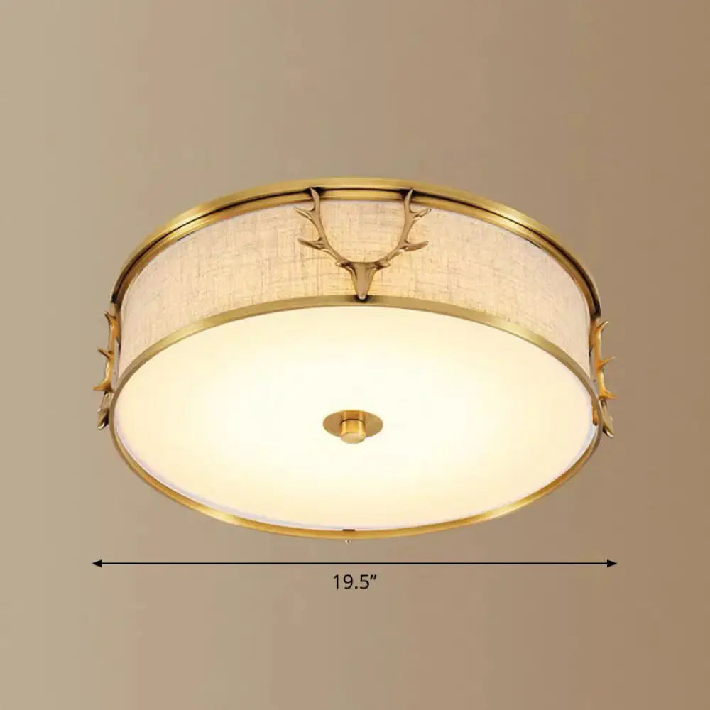 Nordic Foyer Charm: Fabric Drum Flush Mount Ceiling Light With Decorative Antler Accents Brass /