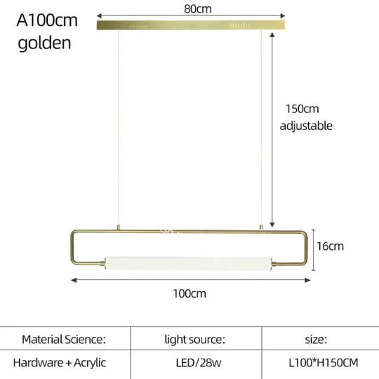Nordic Minimalist Bar Hanging Rectangular Frame Pendant Light A100Cm Golden / Warm Light Pendant