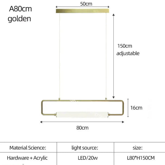 Nordic Minimalist Bar Hanging Rectangular Frame Pendant Light A80Cm Golden / Warm Light Pendant