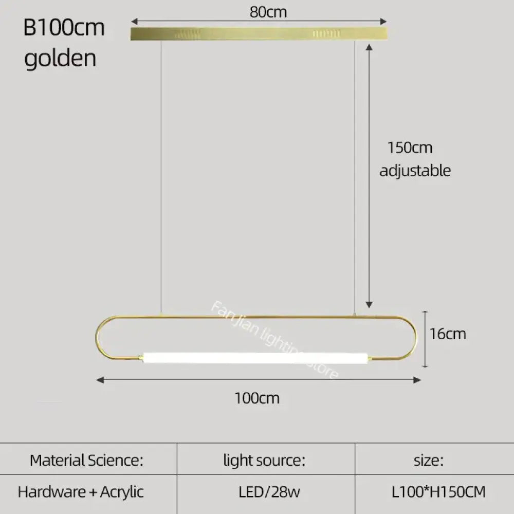 Nordic Minimalist Bar Hanging Rectangular Frame Pendant Light B100Cm Golden / Warm Light Pendant