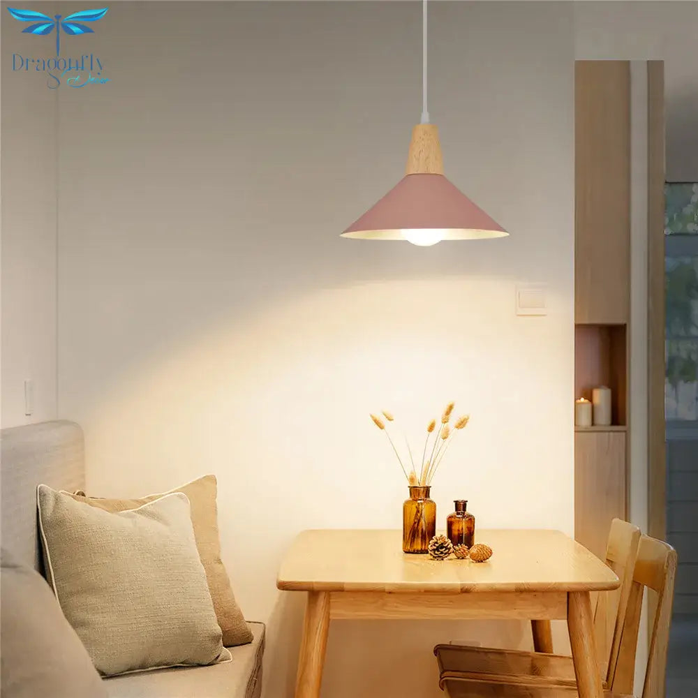 Nordic Modern E27 Wood Pendant Light Pink Lamp Shade For Living Room Bar Dining Table Bedside