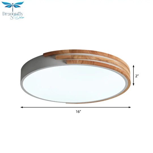 Nordic Style Round Flush Mount Ceiling Light - Wood & Acrylic Fixture In Grey/White/Green 16’ Width