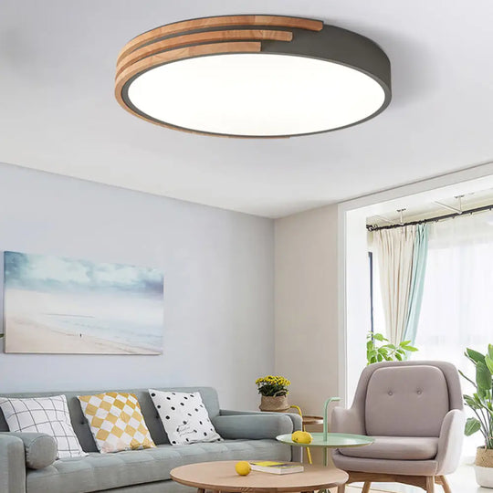 Nordic Style Round Flush Mount Ceiling Light - Wood & Acrylic Fixture In Grey/White/Green 16’