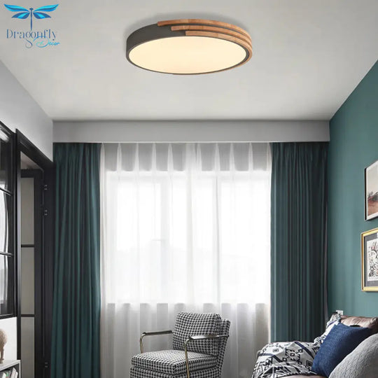 Nordic Style Round Flush Mount Ceiling Light - Wood & Acrylic Fixture In Grey/White/Green 16’ Width