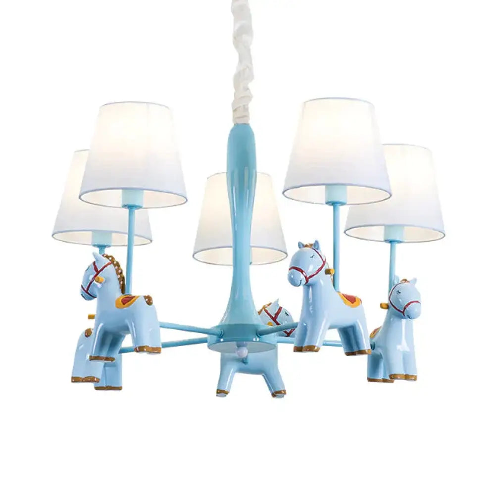 Nordic Tapered Shade Hanging Ceiling Lamp With Horse Fabric Chandelier For Living Room 5 / Blue
