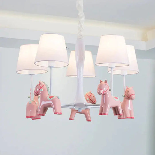 Nordic Tapered Shade Hanging Ceiling Lamp With Horse Fabric Chandelier For Living Room 5 / Pink