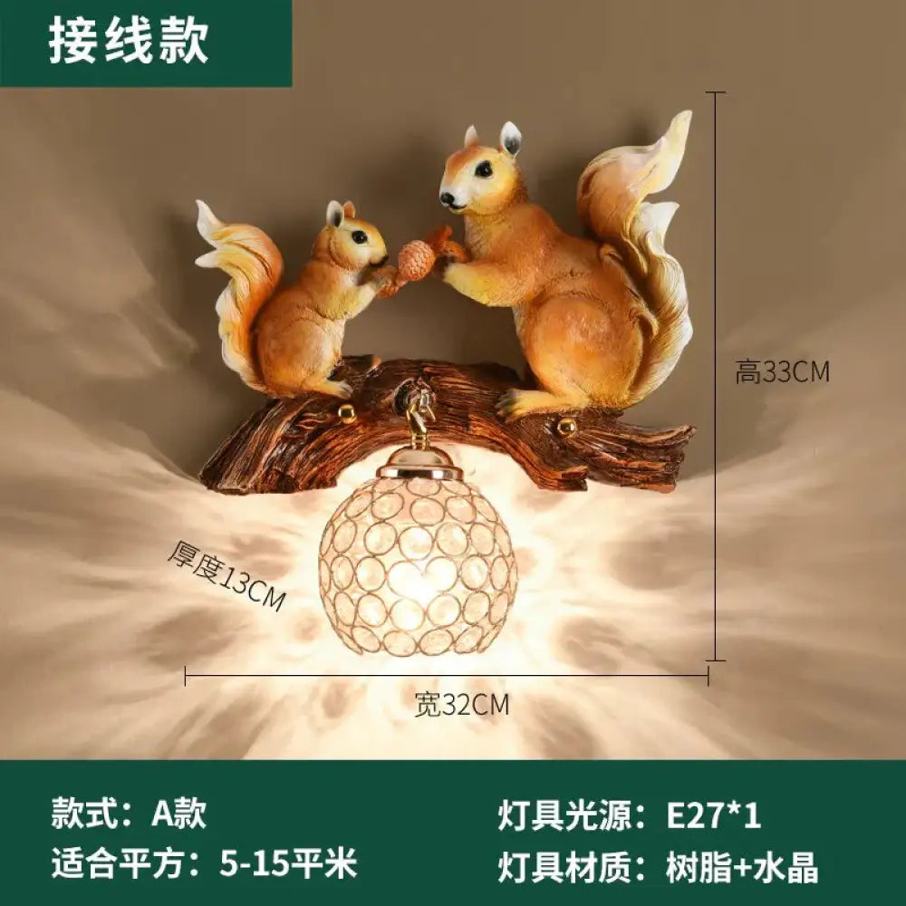Nordic Vintage Style Resin Squirrel Crystal Led Wall Lamp B