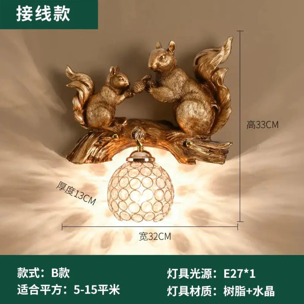 Nordic Vintage Style Resin Squirrel Crystal Led Wall Lamp C