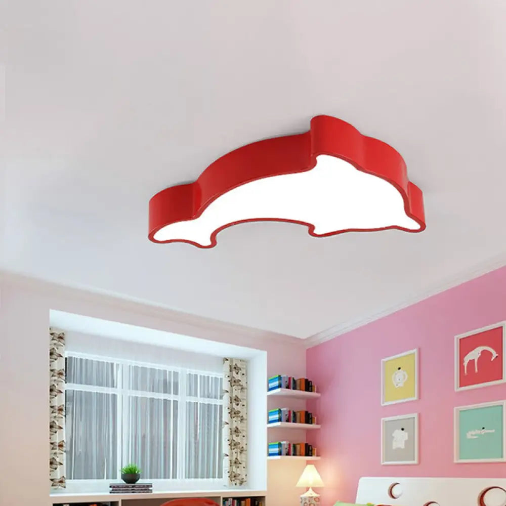 Ocean - Inspired Dolphin Led Nursery Ceiling Lamp Acrylic Cartoon Flush Mount Light Fixture In Red