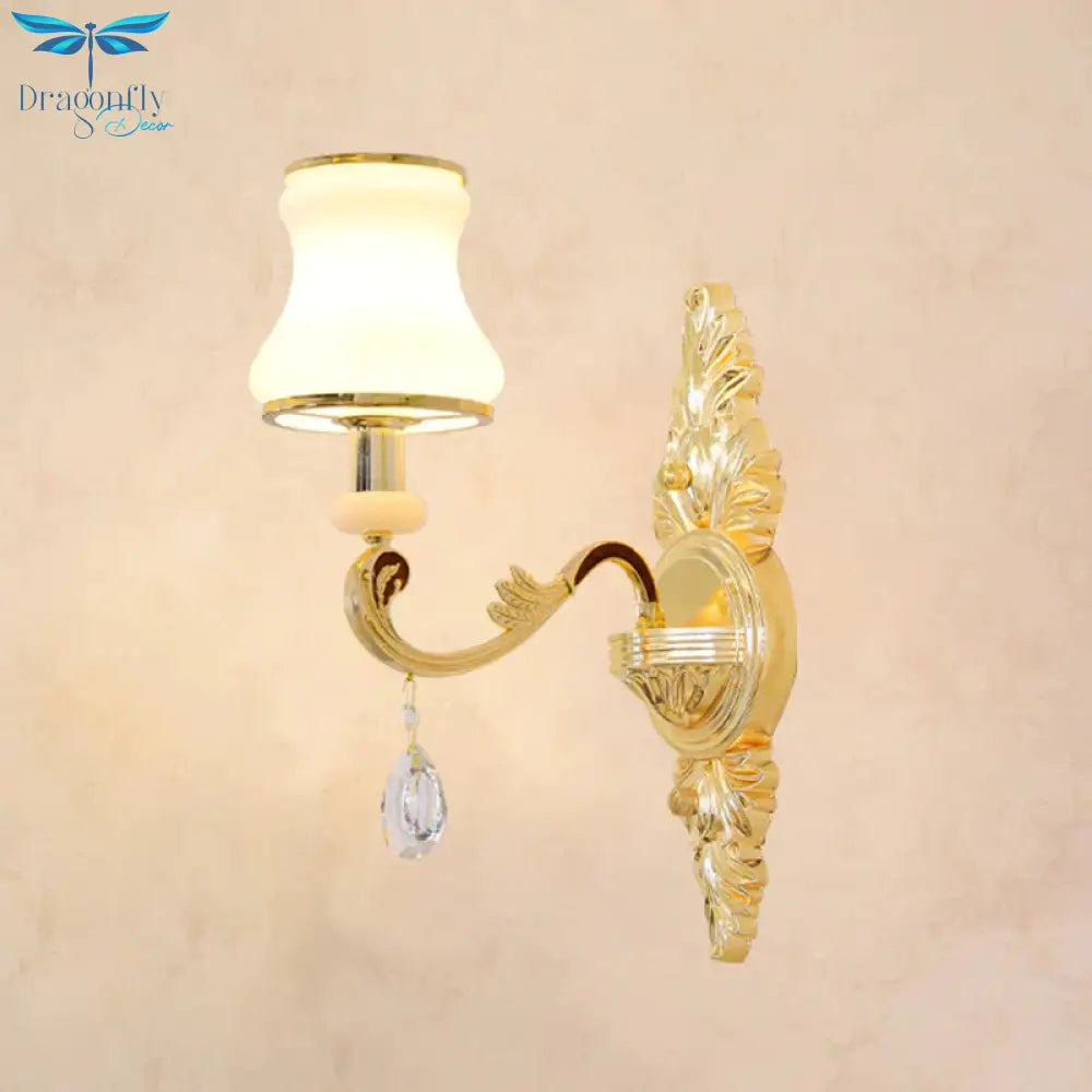 Opal Glass K9 Crystal Wall Light Classic Living Room Lighting Fixture With Accent In Gold