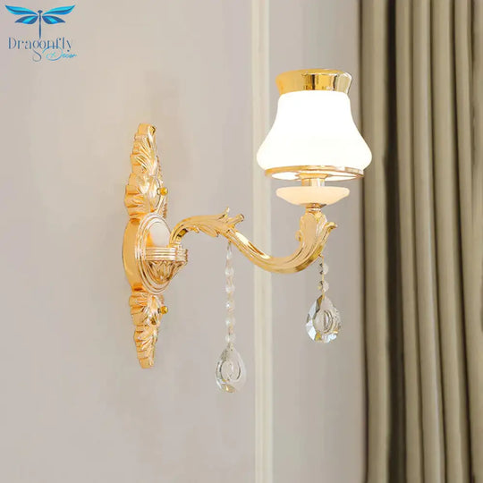 Opal Glass K9 Crystal Wall Light Classic Living Room Lighting Fixture With Accent In Gold