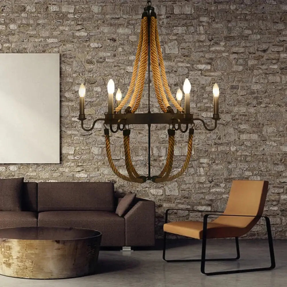 Pauline’s Metal Empire Chandelier - Industrial Lodge Style Pendant With Rope Detail 6 / Black