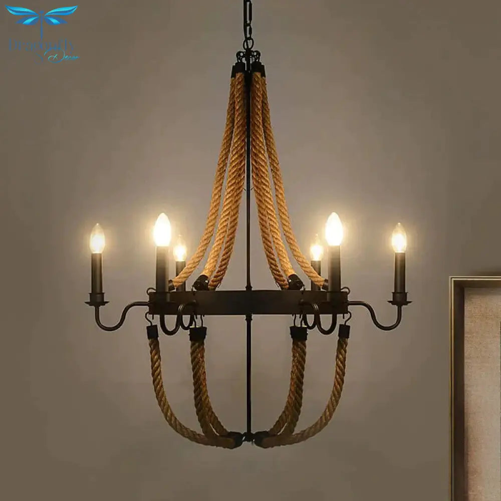Pauline’s Metal Empire Chandelier - Industrial Lodge Style Pendant With Rope Detail
