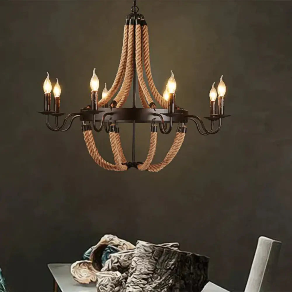 Pauline’s Metal Empire Chandelier - Industrial Lodge Style Pendant With Rope Detail 8 / Black
