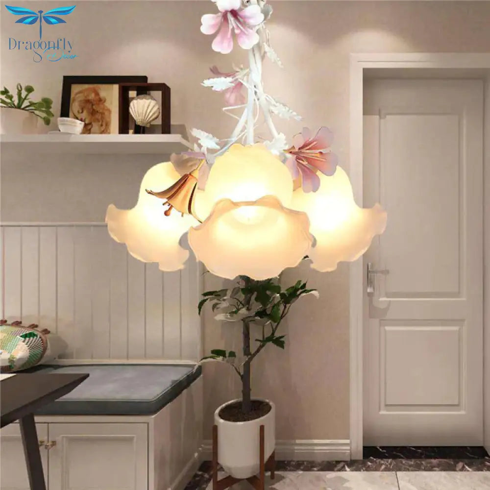 Pink 3 Lights Down Lighting Pastoral White Glass Flower Chandelier Light Fixture For Living Room