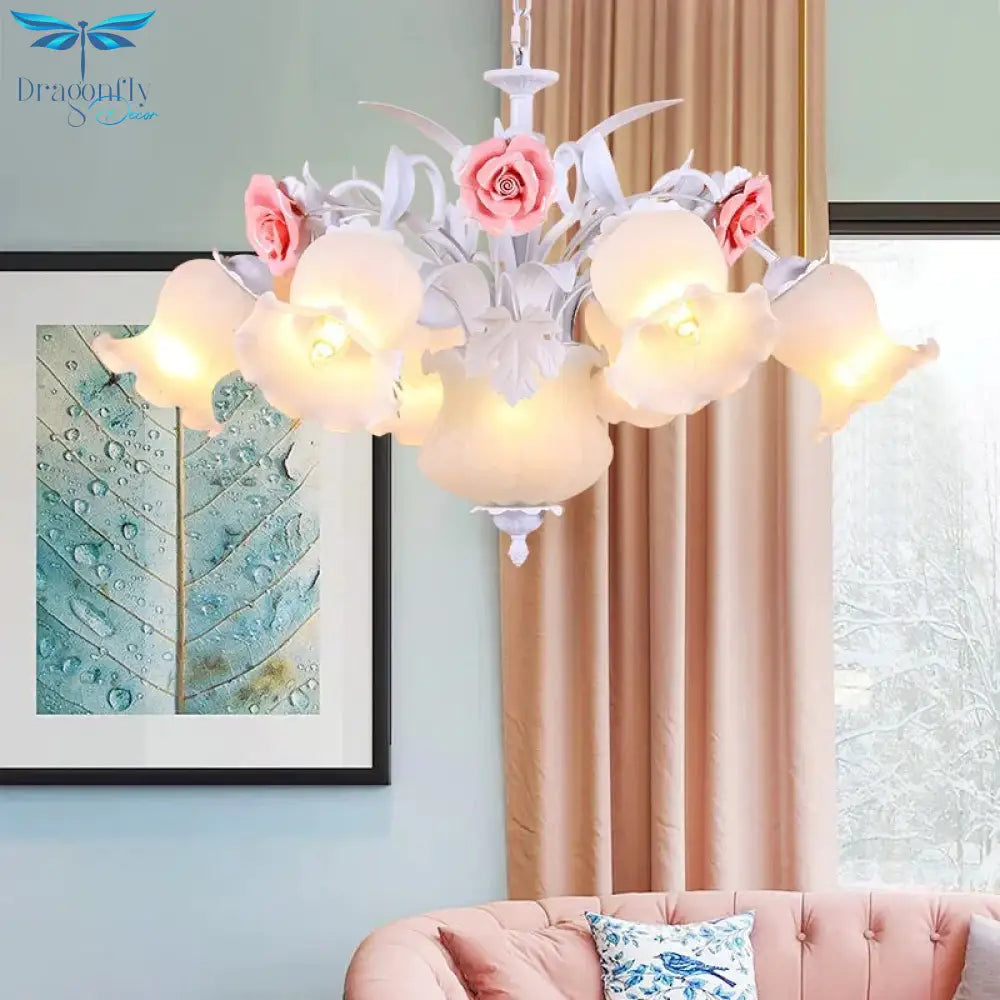 Pink 8 Bulbs Hanging Chandelier Romantic Pastoral White Glass Rose Suspension Pendant