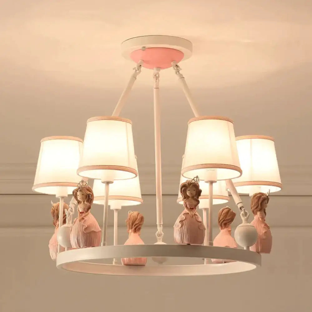 Pink Tapered Shade Hanging Pendant Lights With Princess Cartoon Fabric Chandelier For Girls Bedroom