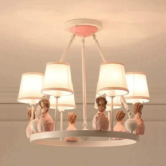 Pink Tapered Shade Hanging Pendant Lights With Princess Cartoon Fabric Chandelier For Girls Bedroom