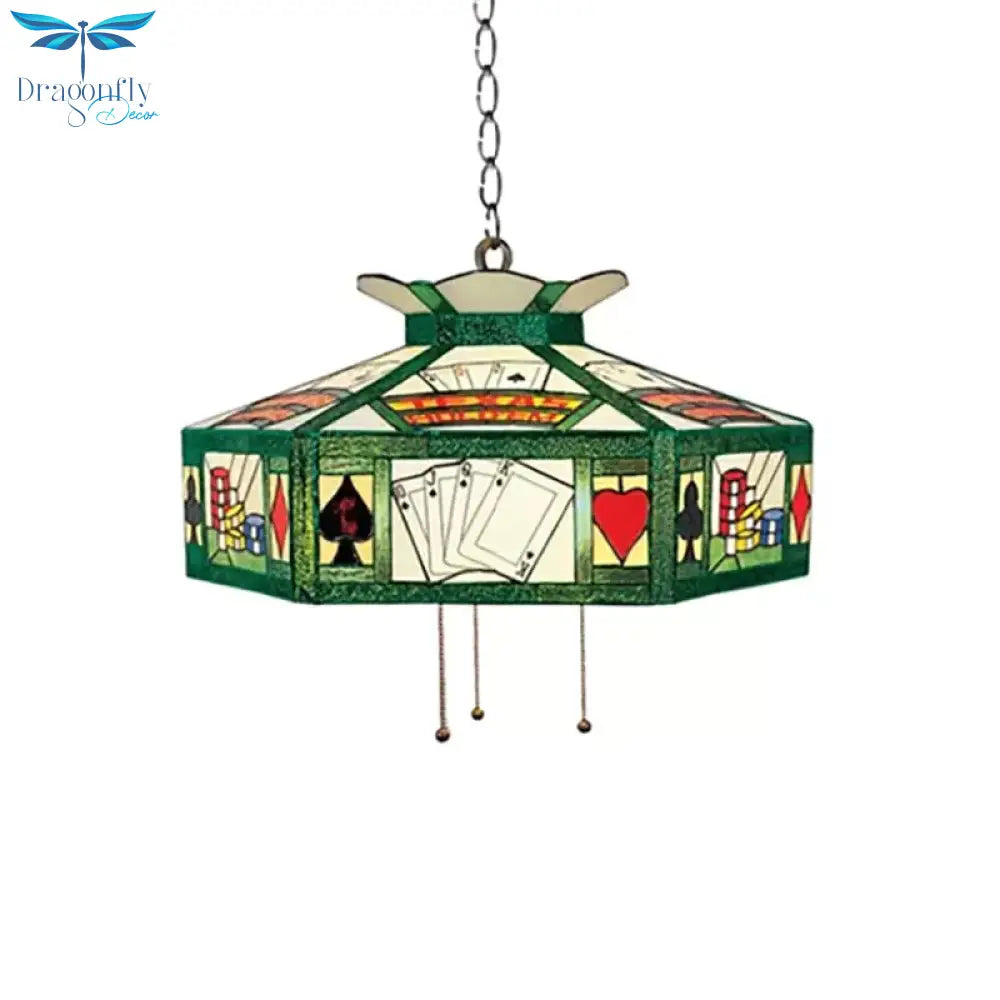 Poker Hanging Lamp Tiffany - Style 3 Bulbs White - Yellow/Green - White Handcrafted Art Glass