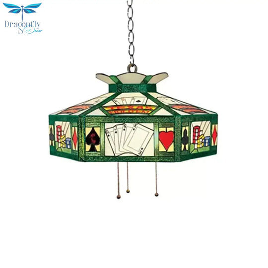 Poker Hanging Lamp Tiffany - Style 3 Bulbs White - Yellow/Green - White Handcrafted Art Glass