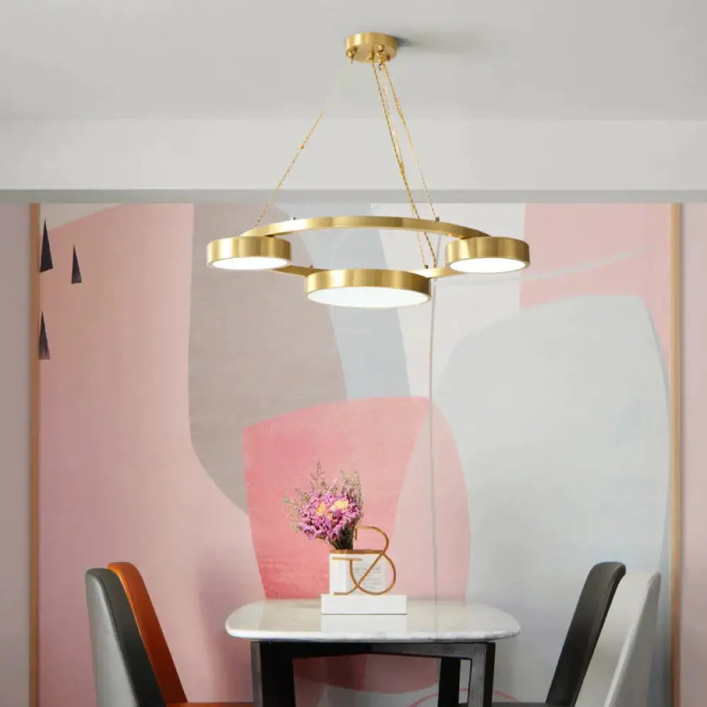 Postmodern Round Hanging Light Metal 3 Lights Dining Room Ceiling Chandelier In Brass