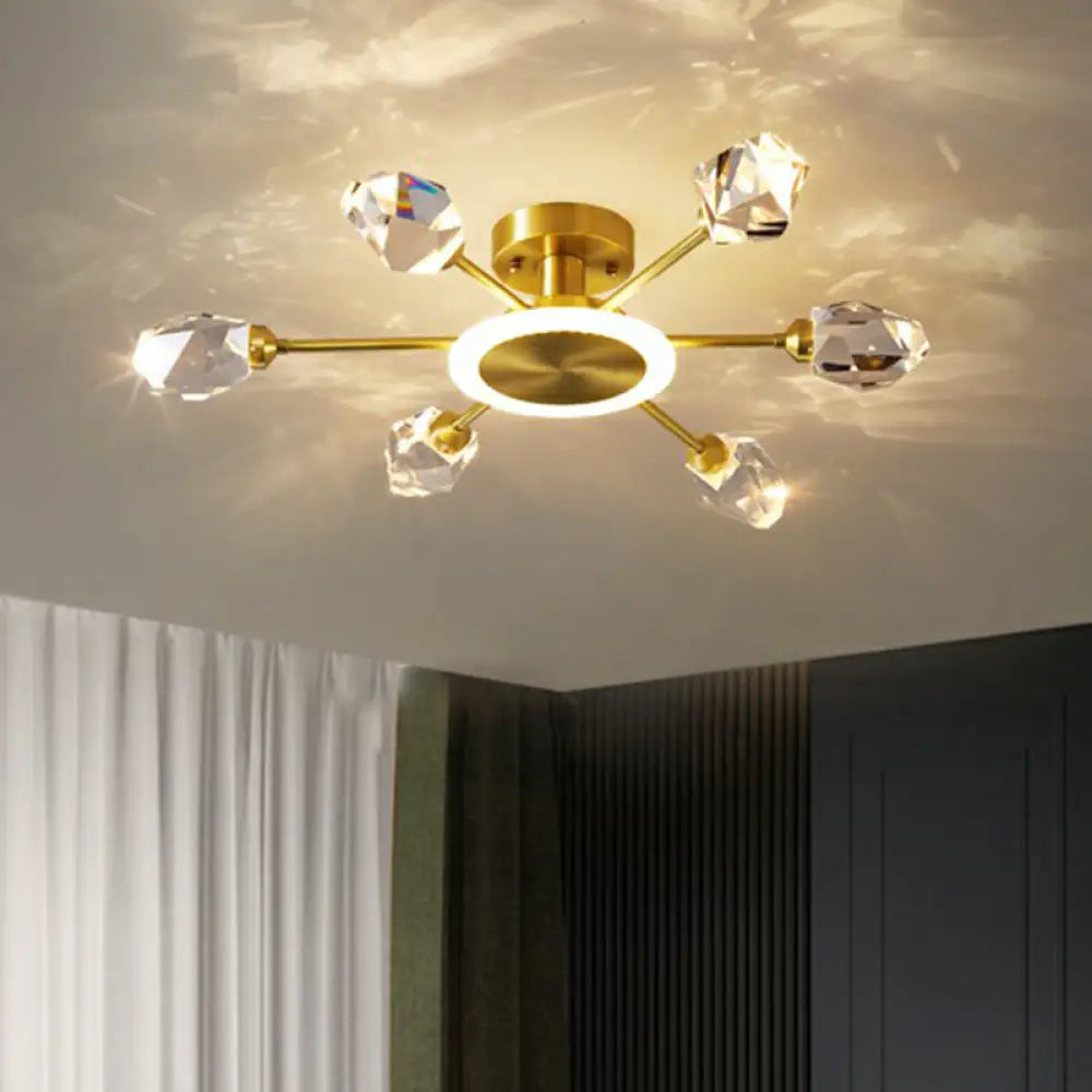 Radiant Bedroom Elegance: Post - Modern Gold Led Ceiling Light With Crystal Block Radial Design 7 /