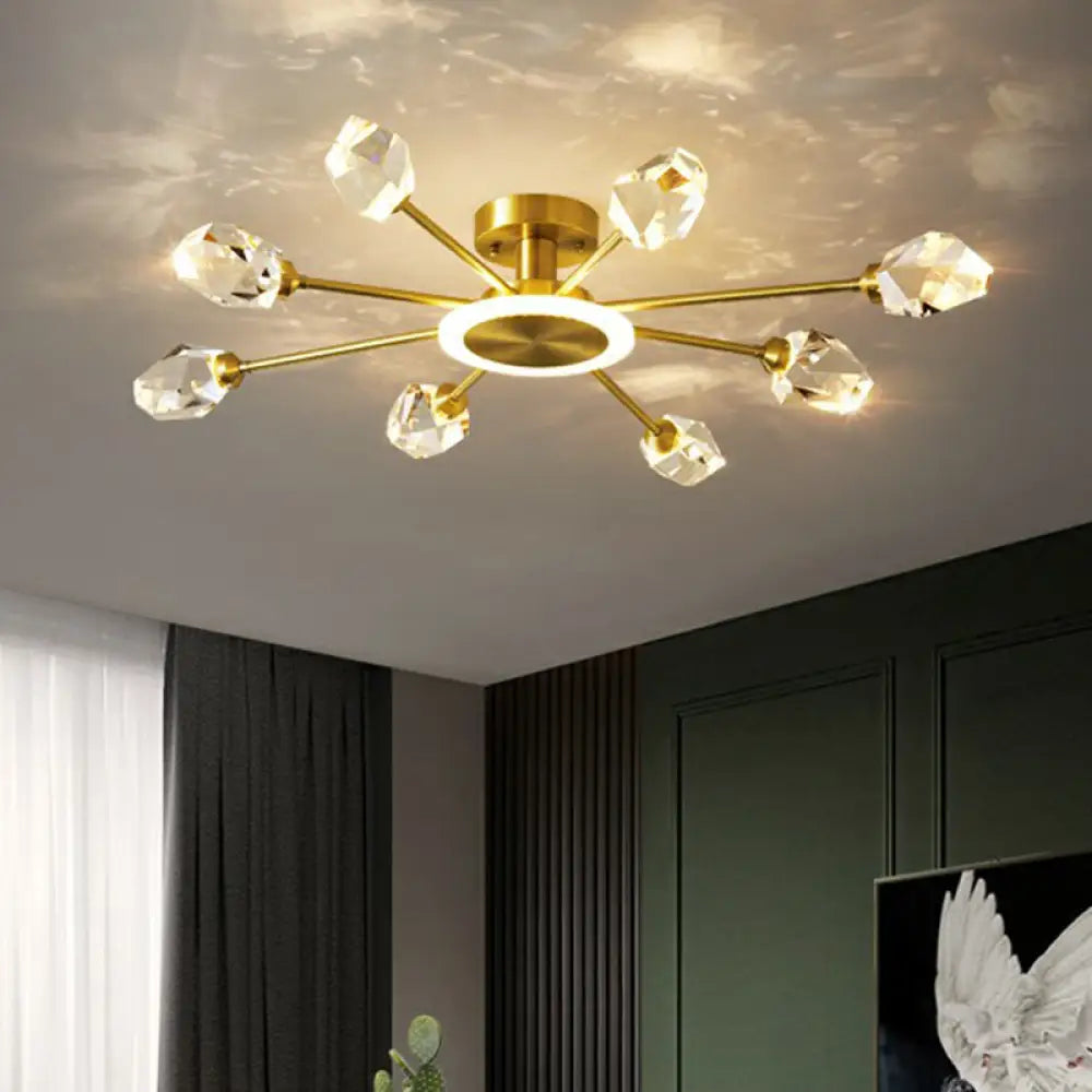Radiant Bedroom Elegance: Post - Modern Gold Led Ceiling Light With Crystal Block Radial Design 9 /