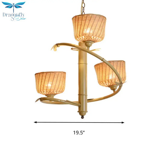 Rattan Basket Shade Chandelier Light Country Style 1/2 - Light Beige Ceiling Lamp With Bird Cage