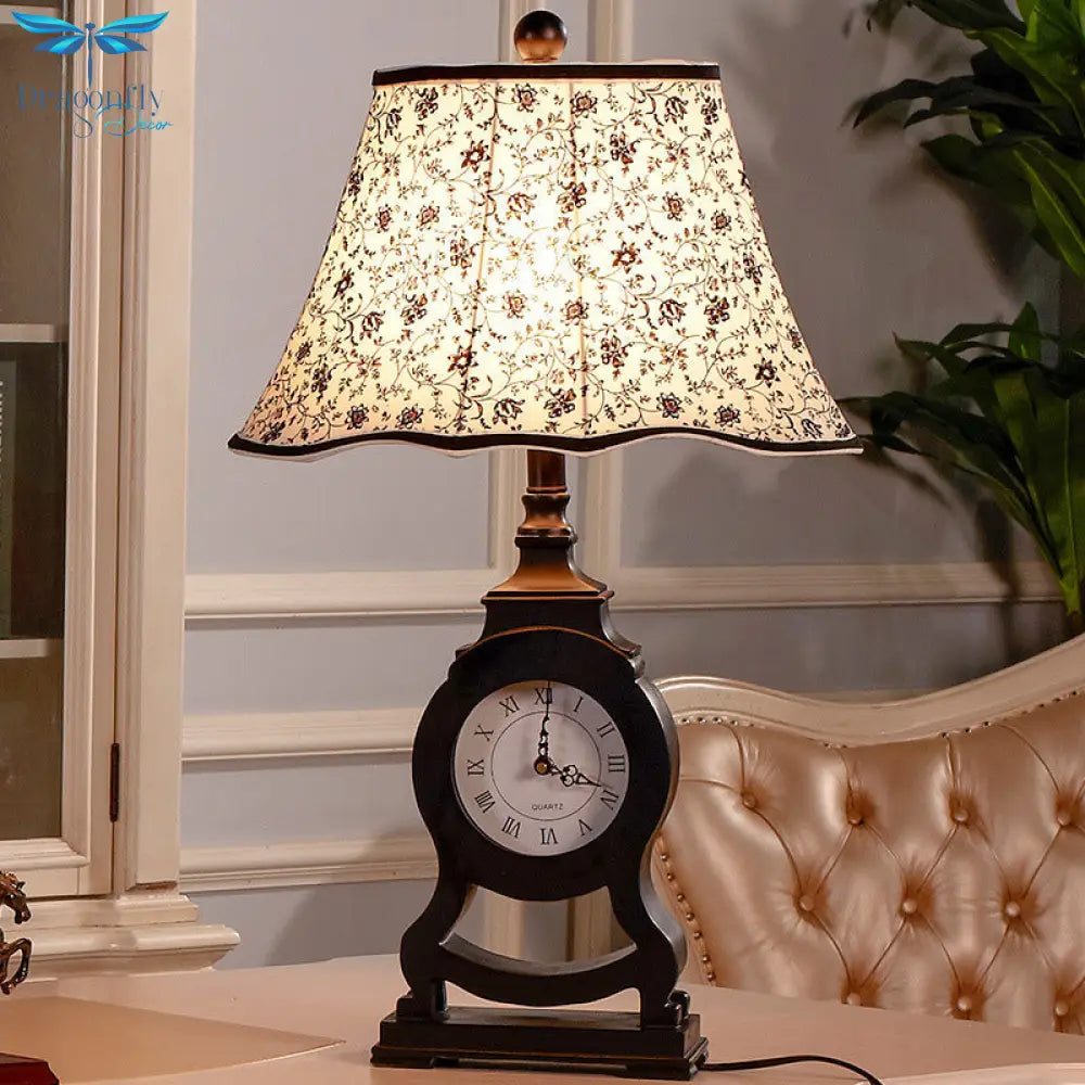 Reagan - Black 1 - Bulb Desk Lamp Classic Fabric Flared Flower Patterned Table Light With Clock