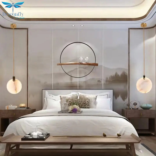 Real Round Marble Led Pendant Lights Copper High Quality Dining Room Kitchen Bedside Hanging Lamp