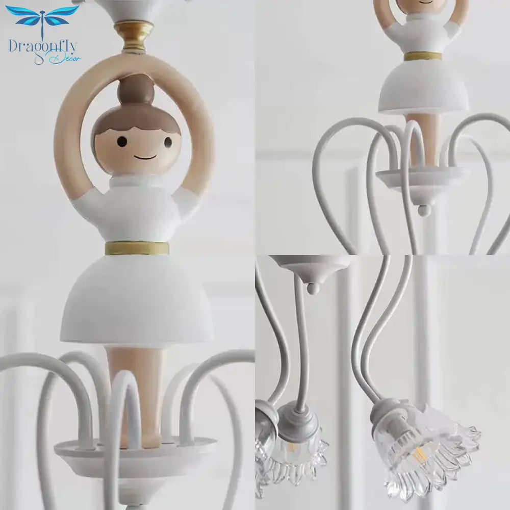Resin Ballet Pendant Light With Flower Shade 5 Lights Creative Chandelier In White For Kindergarten