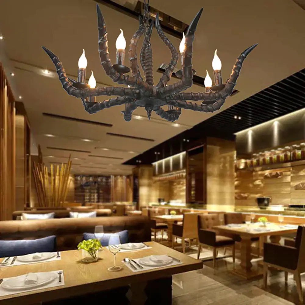 Resin Black Hanging Chandelier Horn 8 Bulbs Traditional Pendant Light Fixture For Restaurant