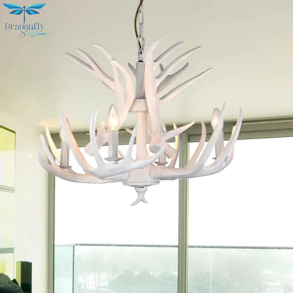 Resin Candle Chandelier Lamp Rustic 4/6/9 - Head Bedroom Pendant Ceiling Light With Antler Decor In