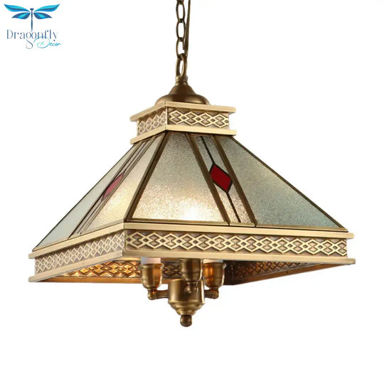 Retro Frosted Glass Pyramid Shaped Bedroom Ceiling Chandelier 3 Lights Gold Hanging Light