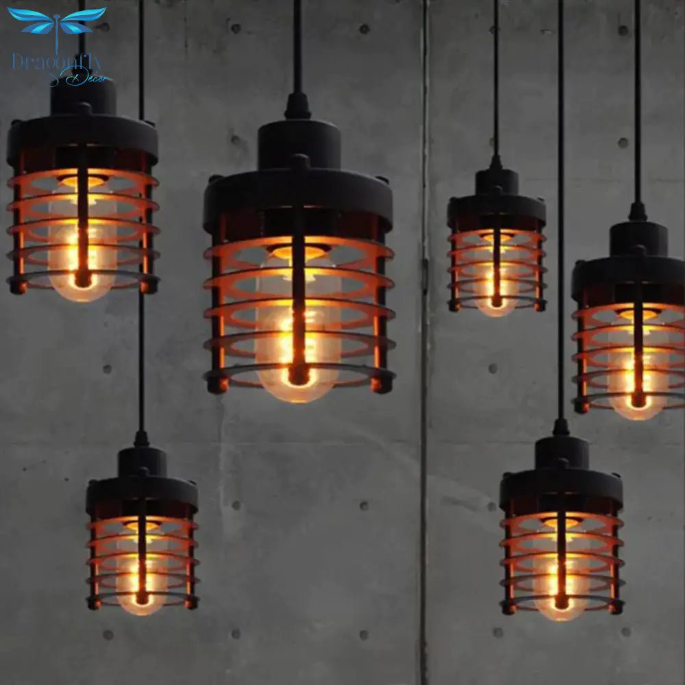 Retro Indoor Vintage Pendant Light Metal Minimalist Led Hanging Lights Rust Iron Cage Lampshade