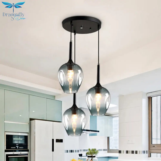 Riley - Black Tulip Cluster Lighting Modernist 3 Lights Amber/Smoke/Blue Glass Hanging Ceiling Lamp