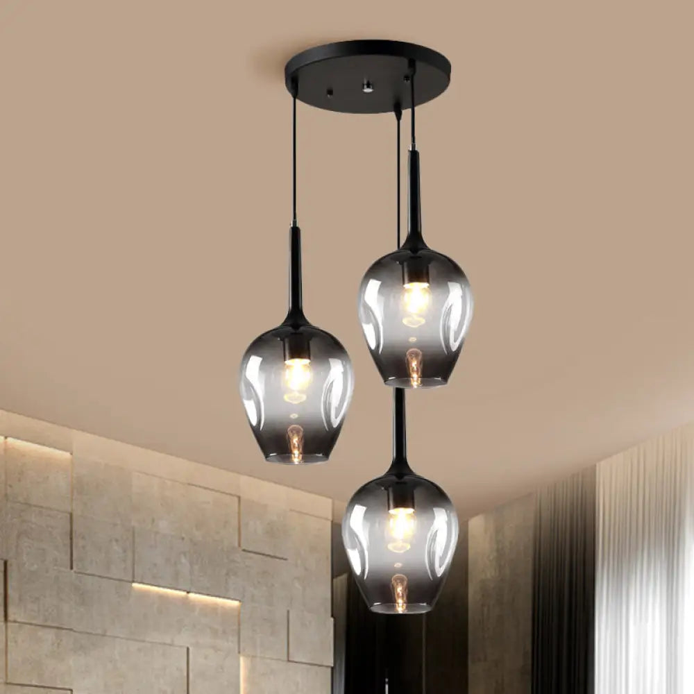 Riley - Black Tulip Cluster Lighting Modernist 3 Lights Amber/Smoke/Blue Glass Hanging Ceiling Lamp