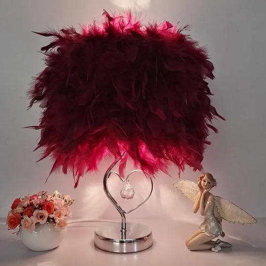 Riley - Modern Single Nightstand Lamp Red/White/Pink Bucket Shaped Table Light With Feather Shade