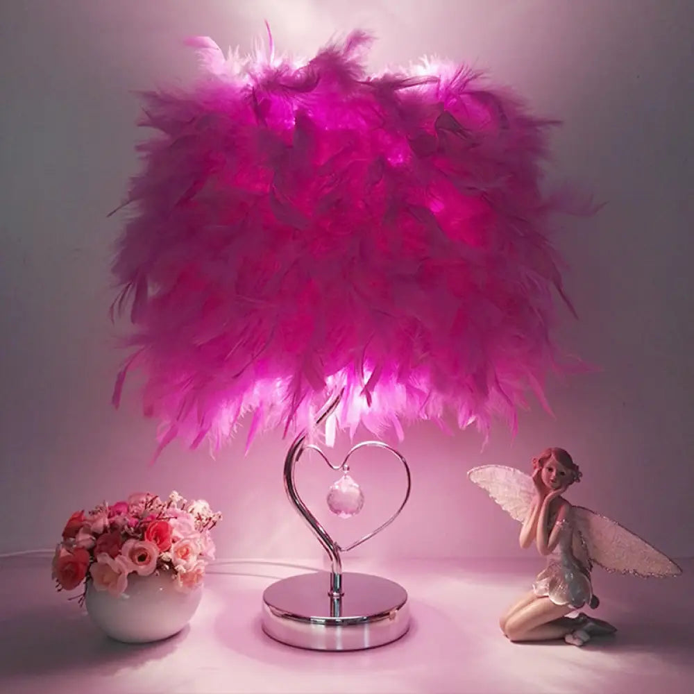 Riley - Modern Single Nightstand Lamp Red/White/Pink Bucket Shaped Table Light With Feather Shade